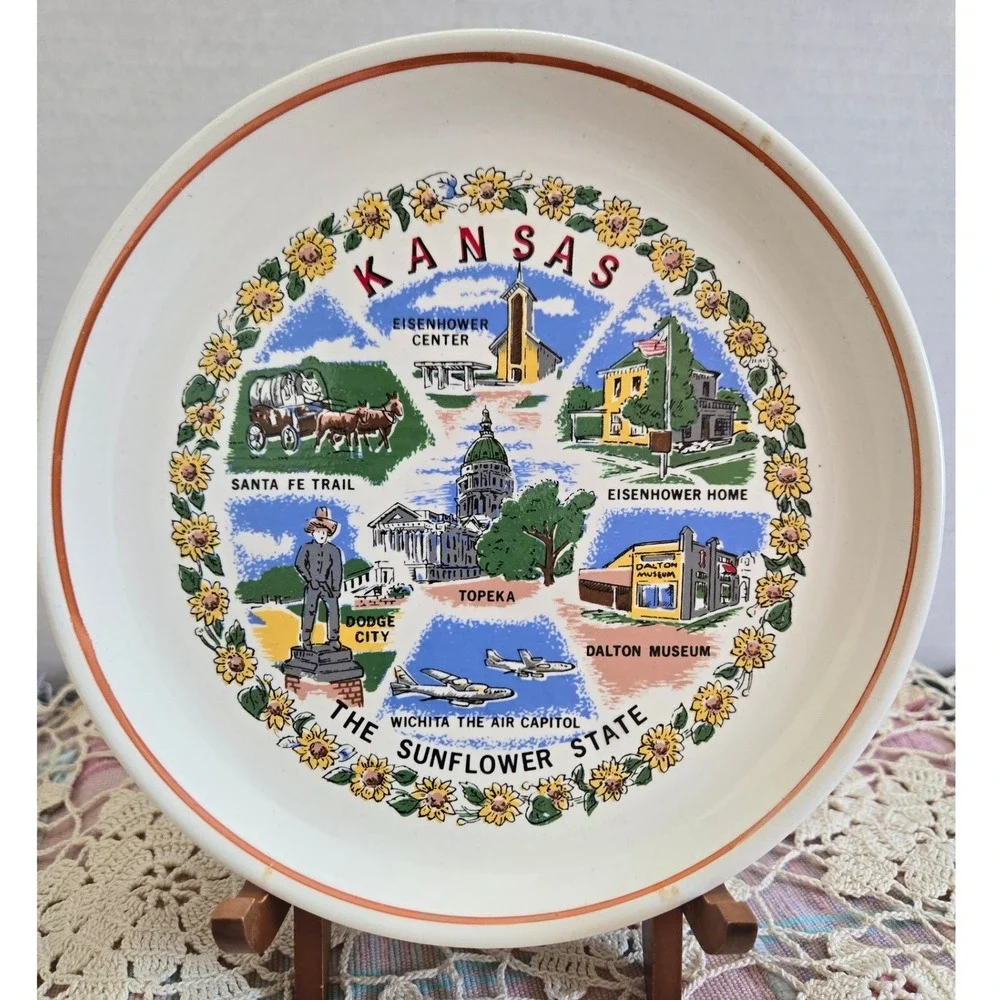 Kansas Souvenir Plate The Sunflower State White Vintage Landmarks